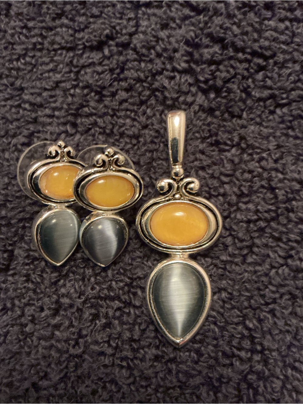 Sterling-Style Yellow and Gray Stone Pendant & Earring Set